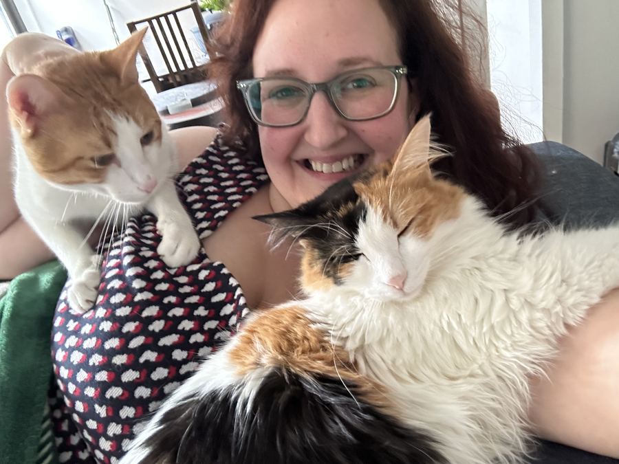 Randi with her cats Penne and Rigatoni