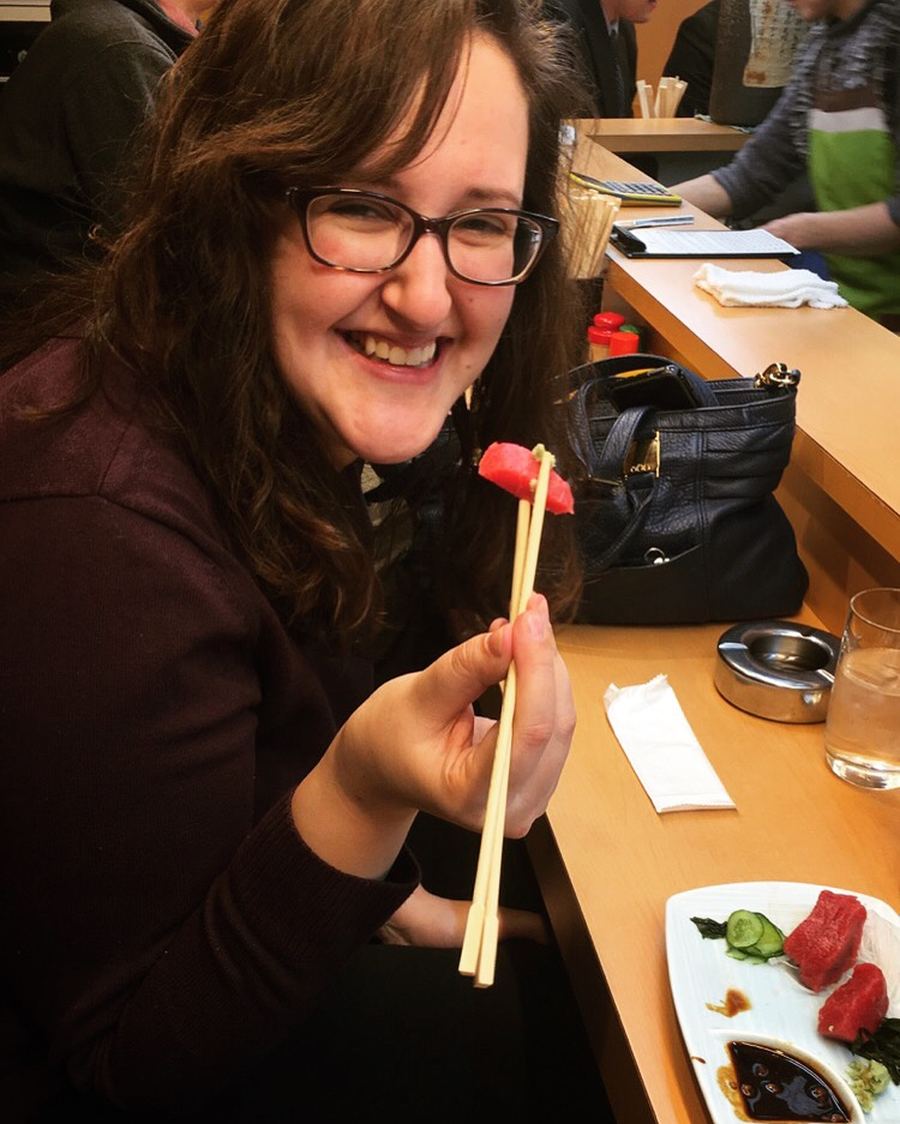 Randi eating tuna at Tsukiji Market, Tokyo